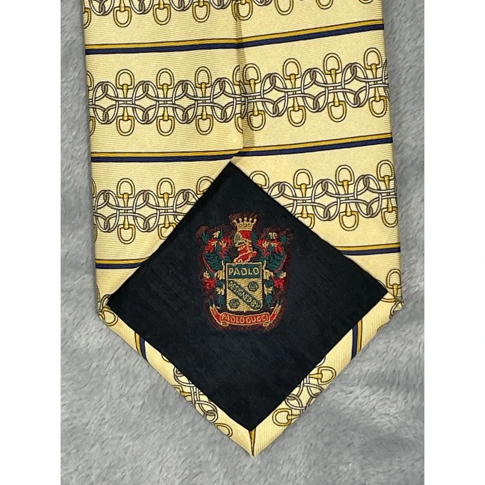 Paolo Designed by Paolo Gucci Mens Silk Tie Yellow Horsebit Chain Link Italy